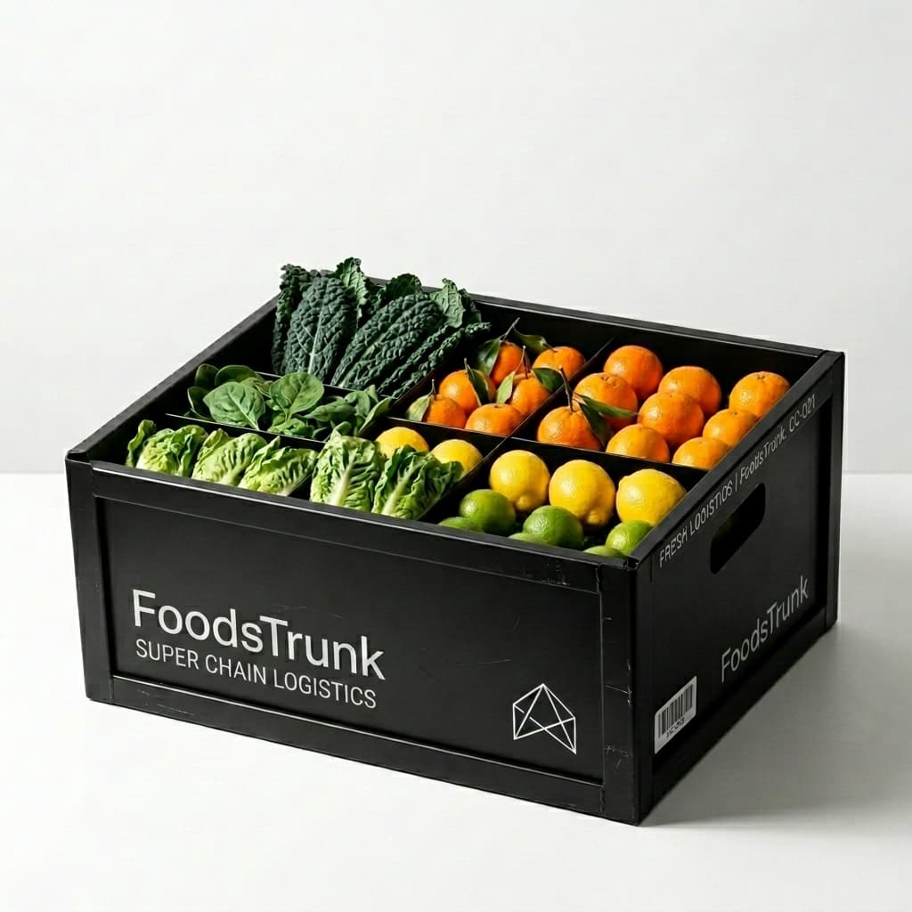 FoodsTrunk Super Chain Crate featuring fresh leafy greens and organic citrus fruits geometrically aligned